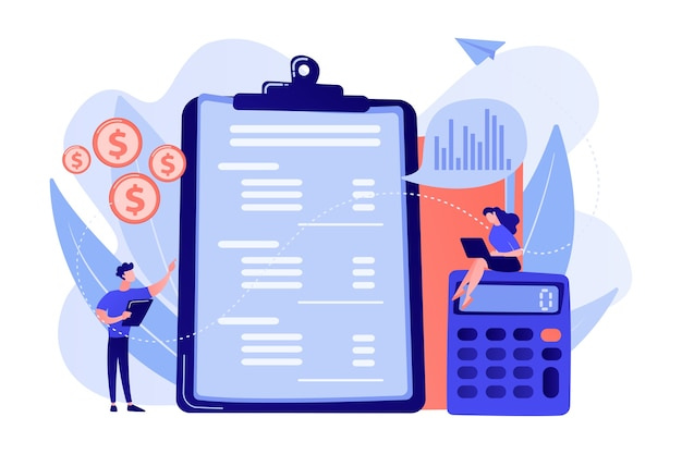 Les analystes financiers font l'état des résultats avec une calculatrice et  un ordinateur portable. Compte de résultat, état financier de l'entreprise,  illustration de concept de bilan | Vecteur Gratuite