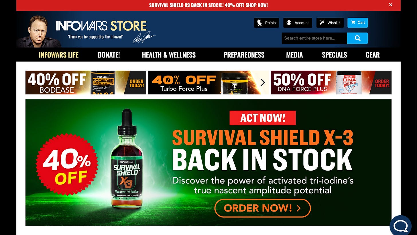 Screen capture of spurious products pedalled by Alex Jones on the Infowars website.