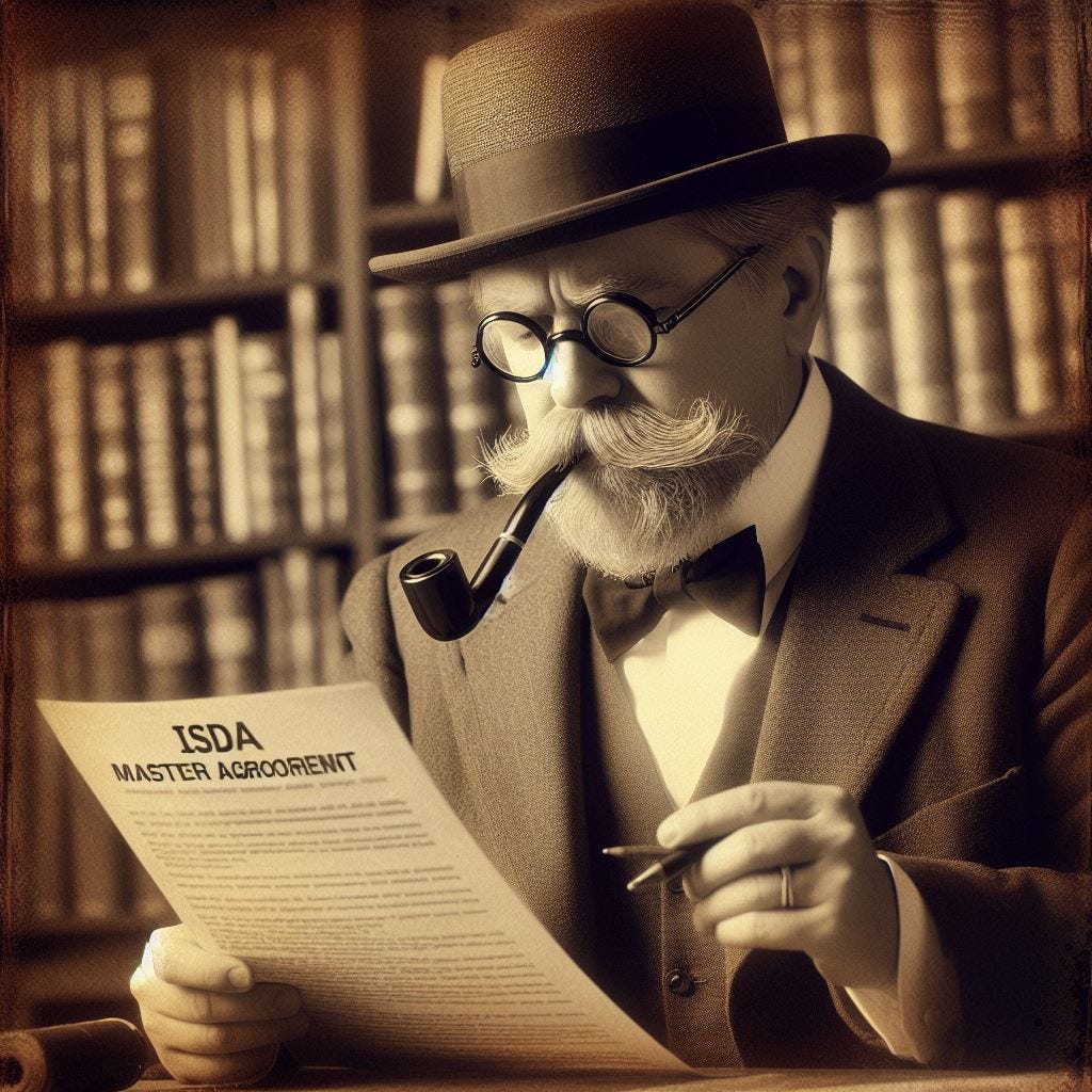 A sepia-tint old photograph style image of a man like G K Chesterton, with a pipe and a monocle inspecting an ISDA Master Agreement