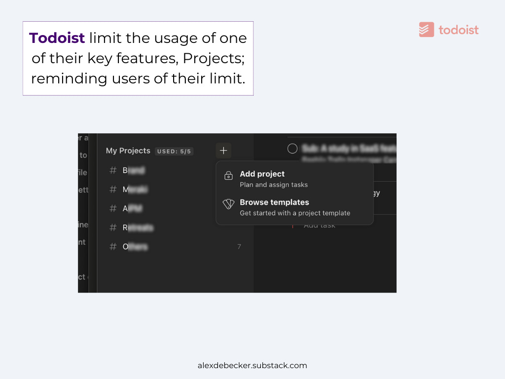 alex debecker product feature gating todoist limits project usage