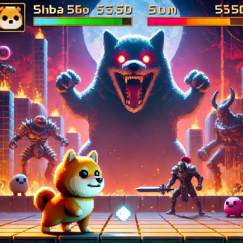 A small Shiba Inu dog in a video game setting, facing off against a series of increasingly larger and more powerful bosses. The scene has a pixel-art-inspired, vibrant environment with glowing health bars and game UI elements. The Shiba Inu, looking determined, stands ready for battle with a small sword or power-up. In the background, a towering monstrous boss looms, with previous defeated bosses behind it. The atmosphere is dynamic, with action-packed lighting and effects.