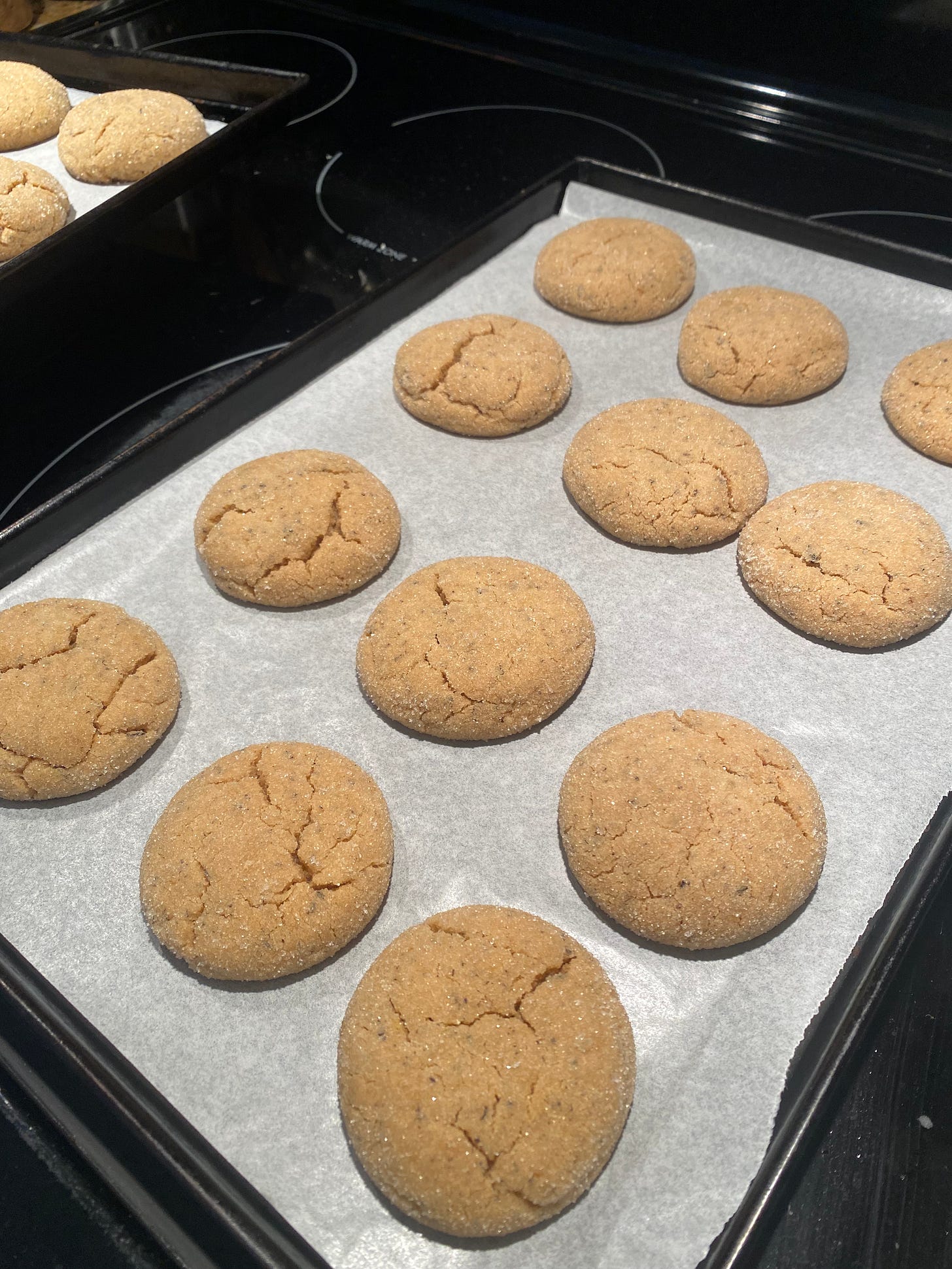 A baking sheet lined with parchment, with crackled-top sugar cookies spaced evenly across. A glimpse of the second baking sheet is just visible in the upper left corner.