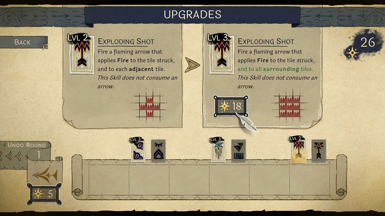 A screenshot of the game Howl, showing the upgrade menu, and the cursor selecting the final upgrade for the Exploding Shot skill.