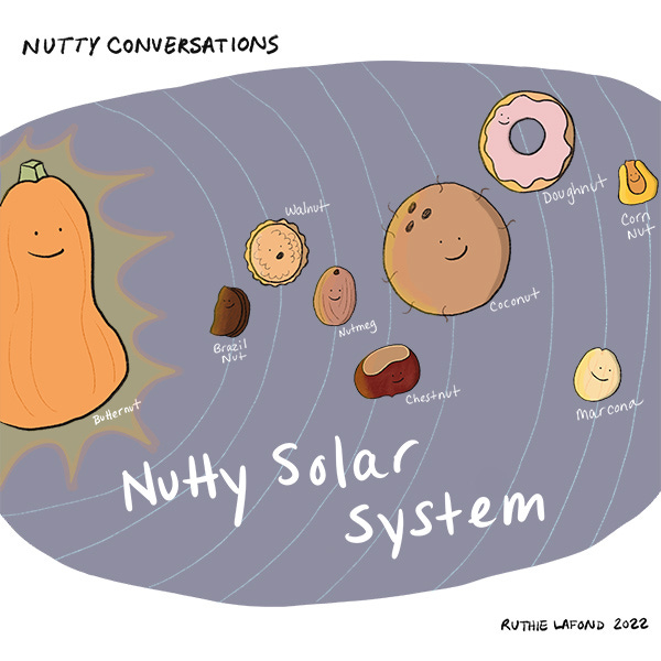 The panel is captioned "Nutty Solar System" and shows a diagram of the solar system with nuts instead of planets. Butternut is in the place of the sun, and the rest of the nuts are arranged in orbit around him- Brazil Nut, Walnut, Nutmeg, Chestnut, Coconut, Doughnut, Marcona, and Corn Nut!