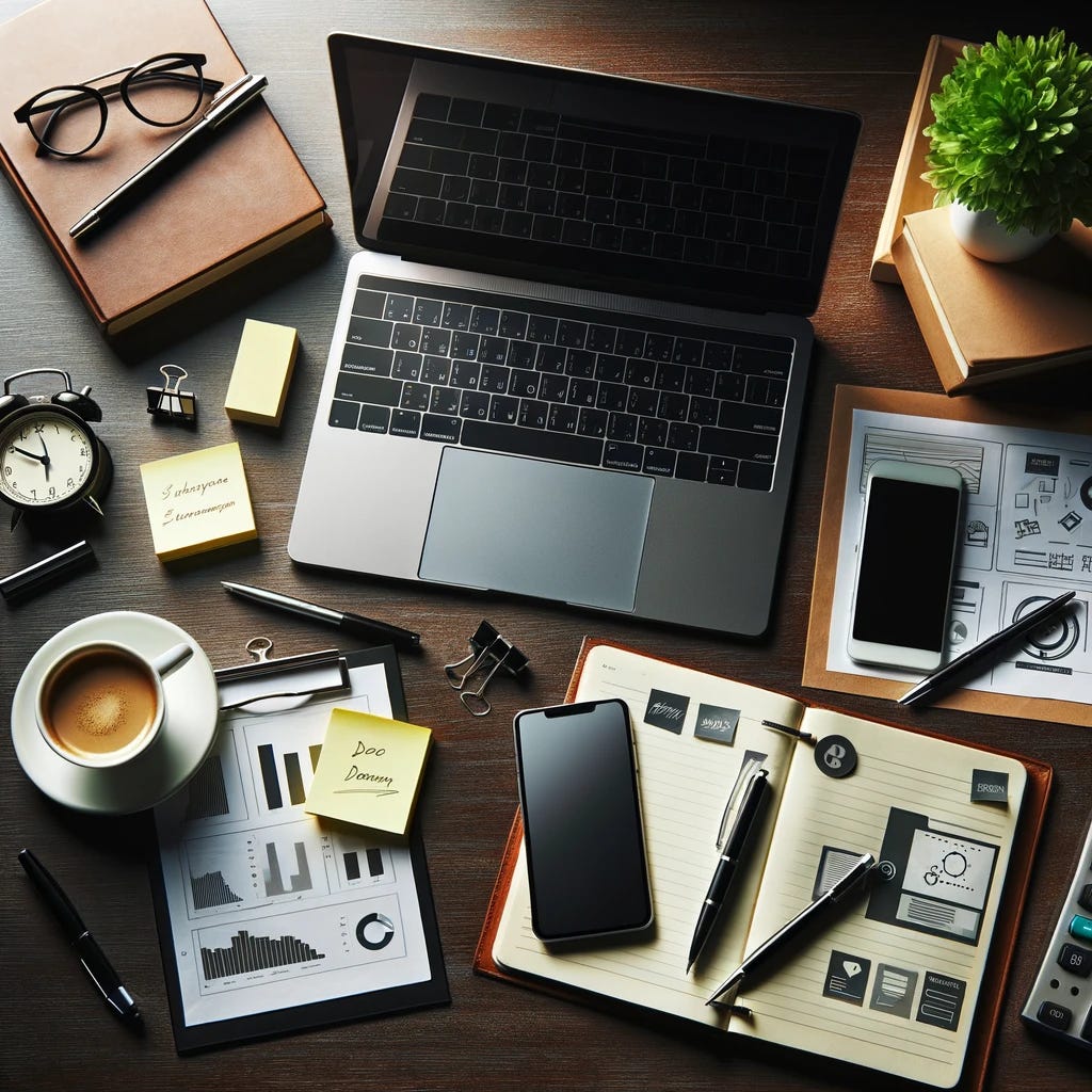 A top-down view of an entrepreneur's desk, featuring a sleek laptop, a modern smartphone, scattered post-it notes with ideas and tasks, a cup of coffee, a stylish notebook for jotting down thoughts, and a pen. The desk surface is a dark, polished wood, adding a touch of elegance. Various business-related books are partially visible on one side, and a small, green potted plant adds a splash of color and life to the setting. The overall atmosphere is one of productivity, creativity, and sophistication.
