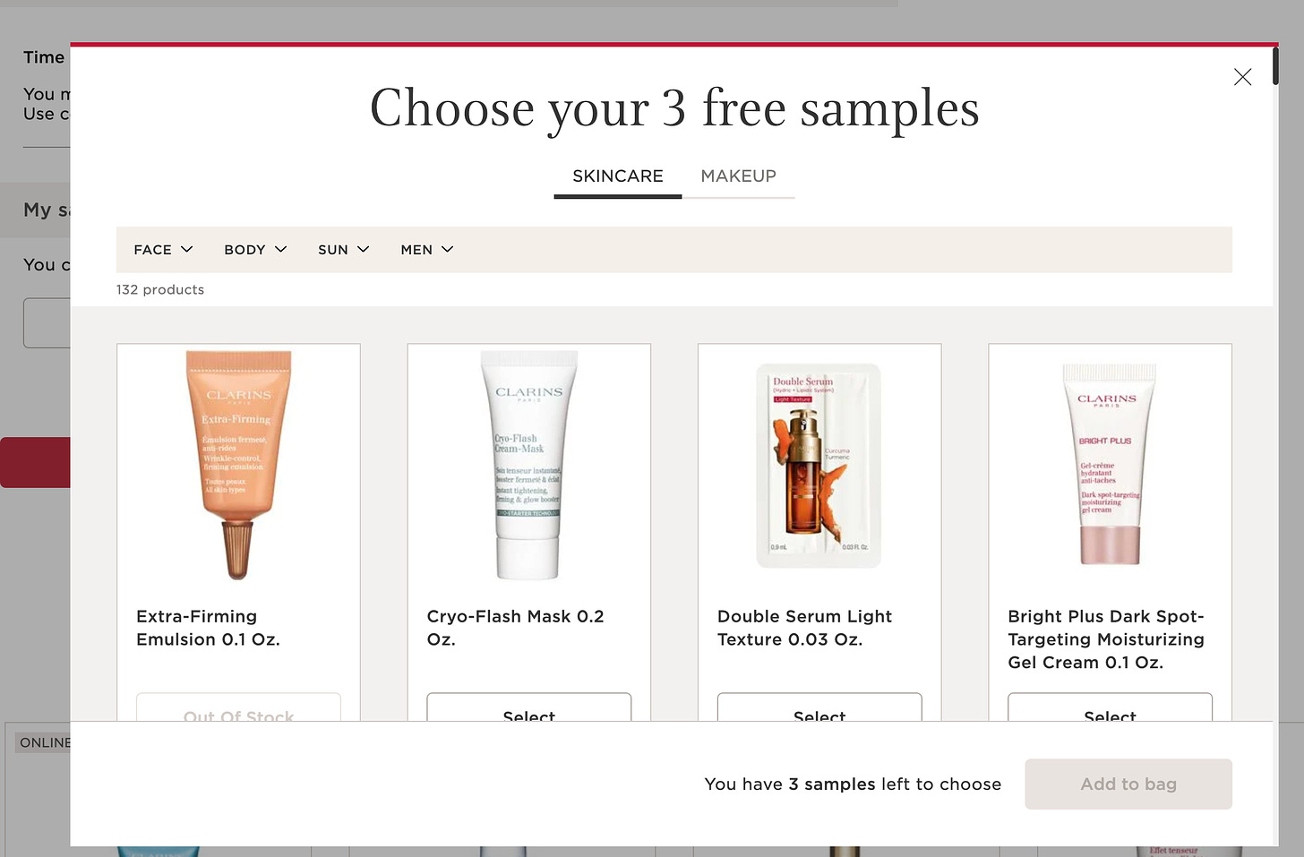 screenshot of Clarins USA free samples