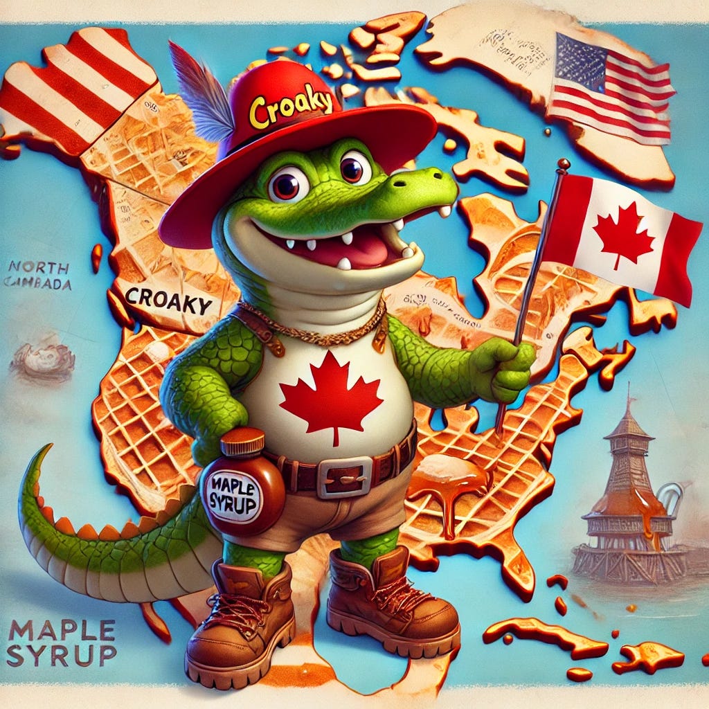 A humorous and satirical illustration of Croaky, a small, cute anthropomorphic gator in a Pixar-Disney animation style, dressed as an over-the-top explorer with a red MAGA hat, holding a large maple leaf and a bottle of maple syrup. He’s standing on a stylized map of North America, with the United States and Canada clearly outlined. The map features exaggerated details like mountains of pancakes and rivers of syrup. The background includes a comical depiction of the U.S.-Canada border with a mix of American and Canadian flags fluttering in a cartoonish breeze. The tone is whimsical and lighthearted, without text or logos.