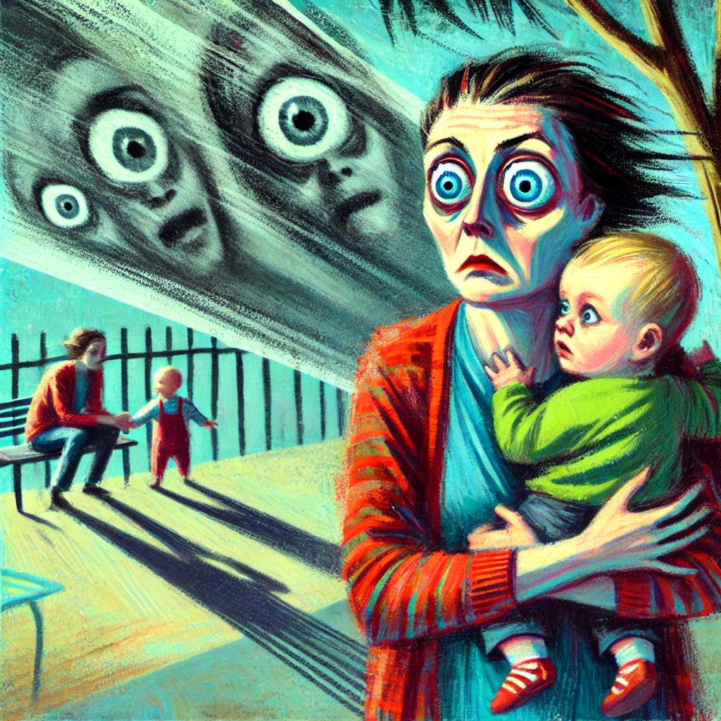 A vivid and expressive illustration of an overly paranoid mother holding her child closely, her wide, fearful eyes scanning the surroundings as if expecting danger at every turn. The child appears calm and unaware, contrasting with the mother's exaggerated anxiety. The background is a peaceful playground or park, highlighting the irrationality of her fear. The scene subtly includes imagined threats, like faint, shadowy outlines in the distance, representing her unfounded paranoia. The color palette features muted, natural tones for the setting and sharp, intense colors for the mother, emphasizing her state of mind.