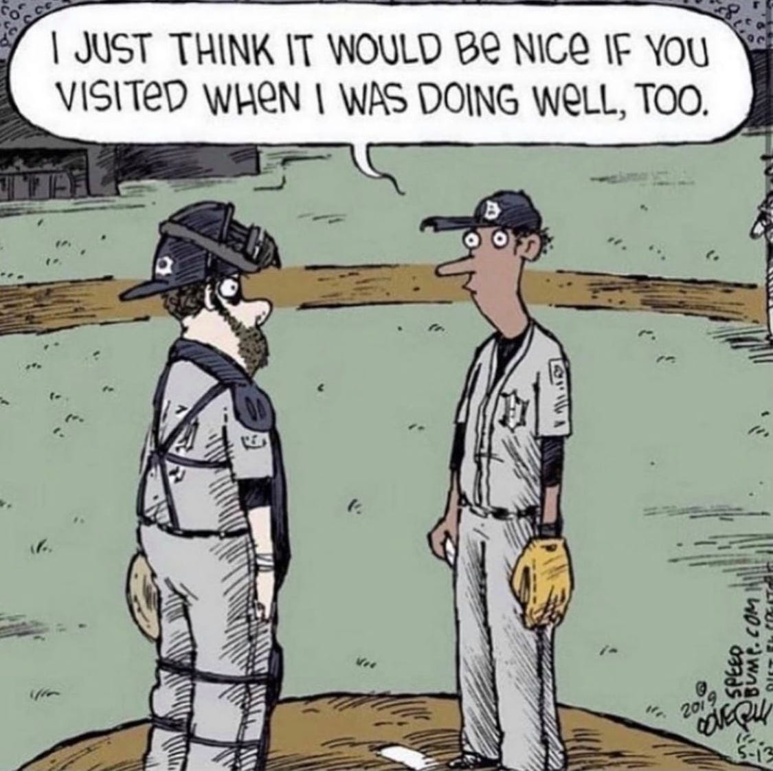Conversation between a baseball pitcher and catcher.