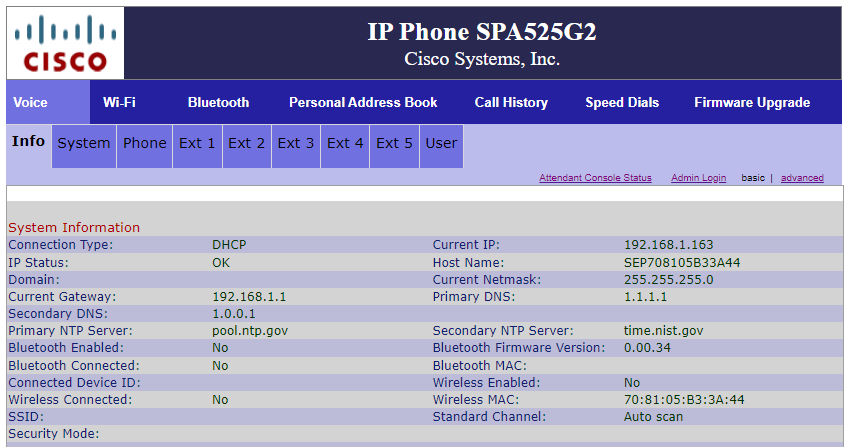 Cisco management screen for SPA525G phone