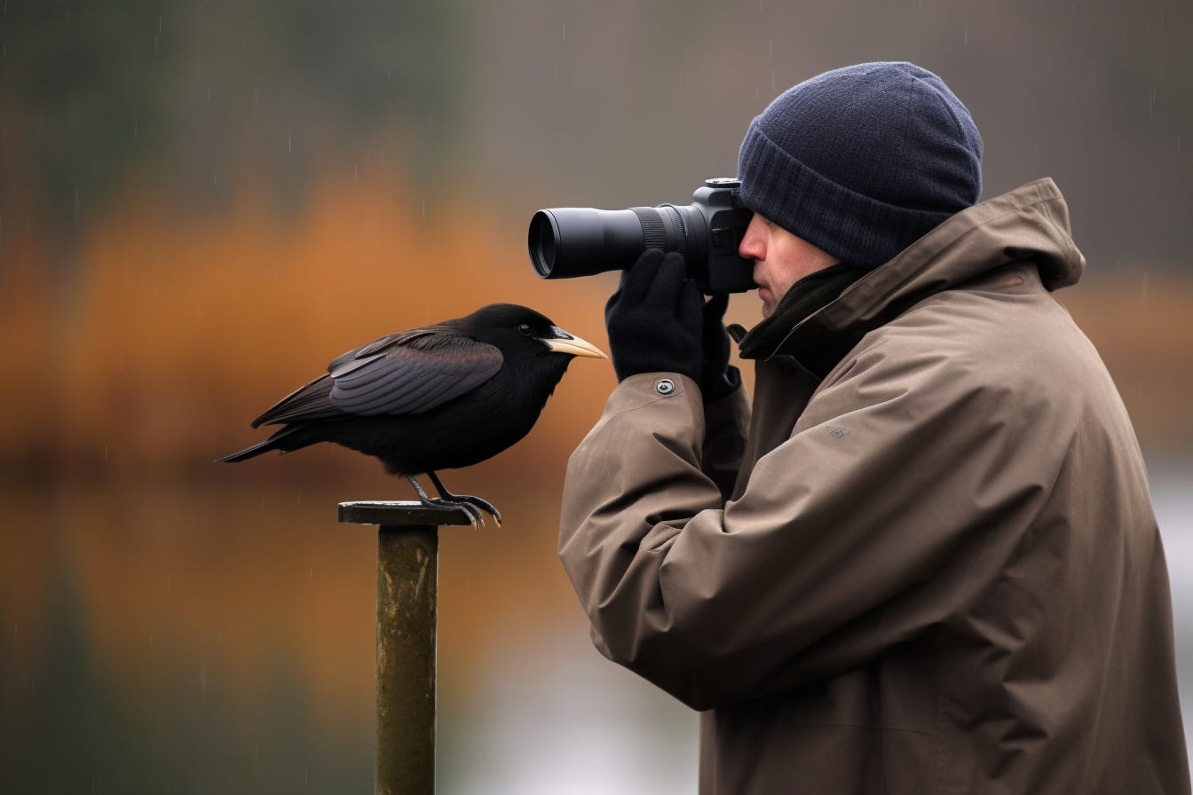 Man holding a monocular standing right next to a bird he can't see