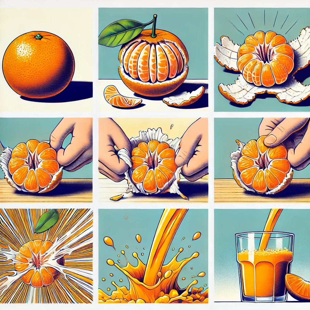 A sequential illustration in six distinct panels showing the process of a tangerine being peeled and squeezed into juice, as described: The first panel shows a whole tangerine with its skin intact. The second panel shows the tangerine fully peeled, with its segments exposed. The third panel depicts the tangerine segments separated, some with visible seeds. The fourth panel shows the segments with the seeds removed. The fifth panel illustrates the segments being squeezed, with pulp and juice visible but not yet strained. The sixth panel shows a glass of fresh tangerine juice, vibrant and natural. Each panel is cleanly divided, with bright, realistic colors emphasizing the tangerine and clear progression. Background is simple and white to focus attention on the tangerine and action.