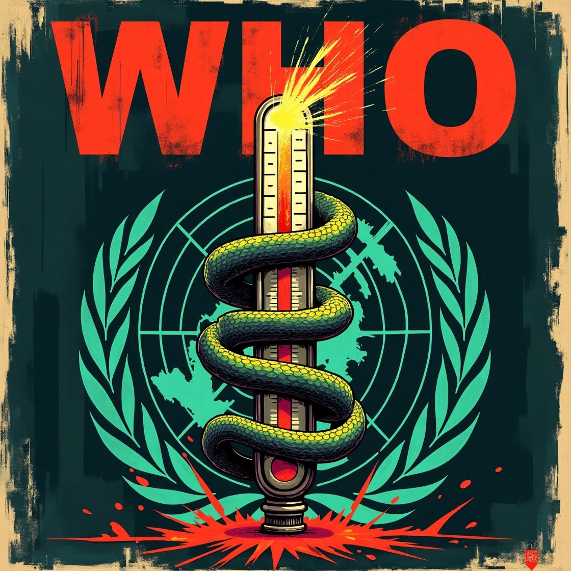 A gritty, high-contrast illustration depicting the World Health Organization's logo, a serpent-entwined staff, with a thermometer wrapped around it, the mercury bursting out of the top, indicating a feverishly sick organization, set against a dark, muted background with subtle, worn texture, evoking a sense of decay and neglect, with bold, frantic brushstrokes and vivid, clashing colors such as neon green, red, and yellow, conveying a sense of urgency and crisis, with the organization's acronym "WHO" emblazoned above the logo in bold, distressed font, with torn, frayed edges, giving the impression of a faded, worn poster.