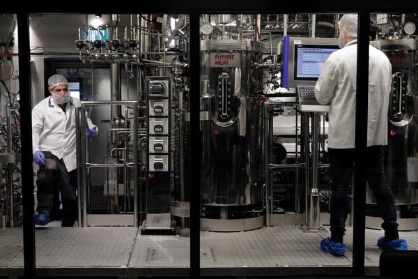 Two people wearing white lab coats and plastic hairnets stand amid a tangle of stainless steel pipes and tanks. One of the tanks is labeled “Future Meat.”