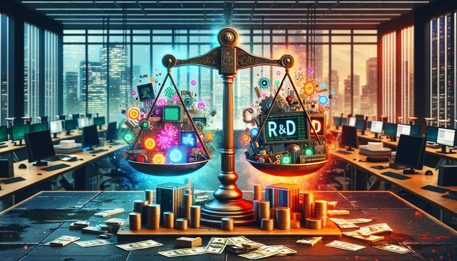 Craft an image that conveys the concept of taxing research and development (R&D) in the tech industry. Imagine a scale of justice where on one side, there's a pile of vibrant, glowing tech gadgets, symbols of innovation (like microchips, circuit boards, and digital screens showing code), representing R&D efforts. On the other side of the scale, there's a stack of tax documents and cash, symbolizing the financial burden of taxes on these innovations. The scales are uneven, with the tax side weighing down, illustrating the heavy impact of taxing R&D. The background should be a blend of a corporate office and a tech lab environment, with elements such as desks littered with tech prototypes and large windows looking out onto a cityscape, reflecting the setting where these innovations are created and the real-world impact of taxation on their development. The color scheme should be a mix of vibrant tech-inspired hues and the muted colors of official documents, highlighting the contrast between creativity and bureaucracy.