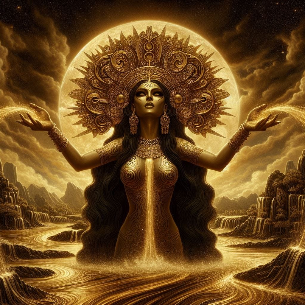 Goddess Osun calling forth a dark golden river