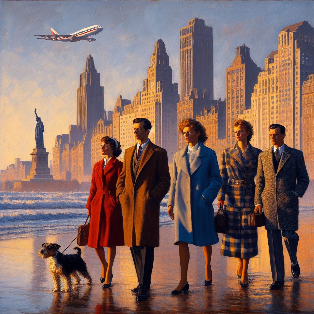 1950s Jack Vettriano painting, thick brush strokes, English family in late 1960s wool-knit clothing along a beach, heads turned away, wide frame, a terrier dog at their side, high-rise Georgian style and Art Deco skyscrapers buildings and a colossal statue of William the Silent visible in the background, a futuristic passenger plane in the sky, early evening, hard light