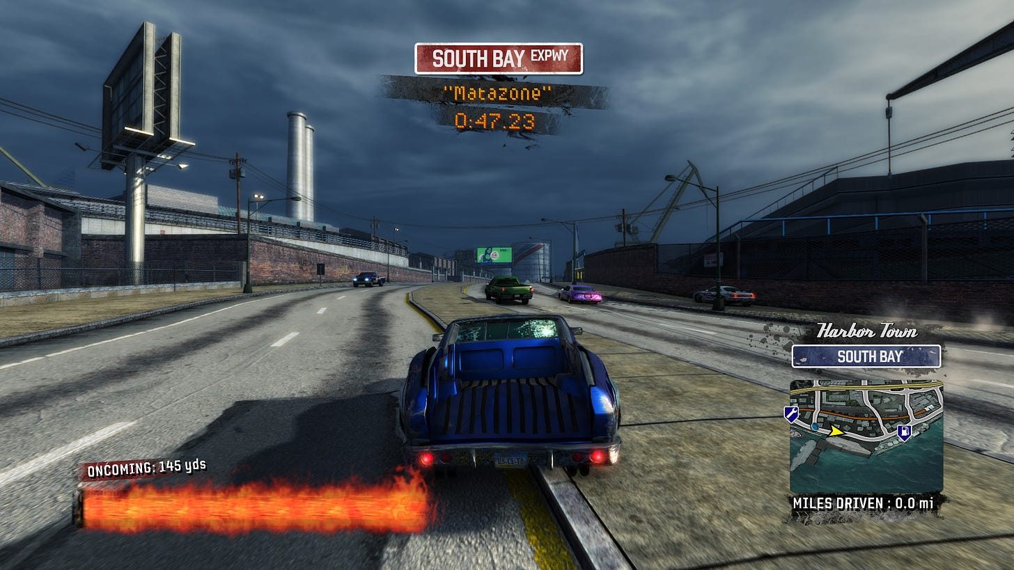 A screenshot of the video game Burnout Paradise, with the name 'Matazone' on screen, indicating this username holds the current speed record for that road.