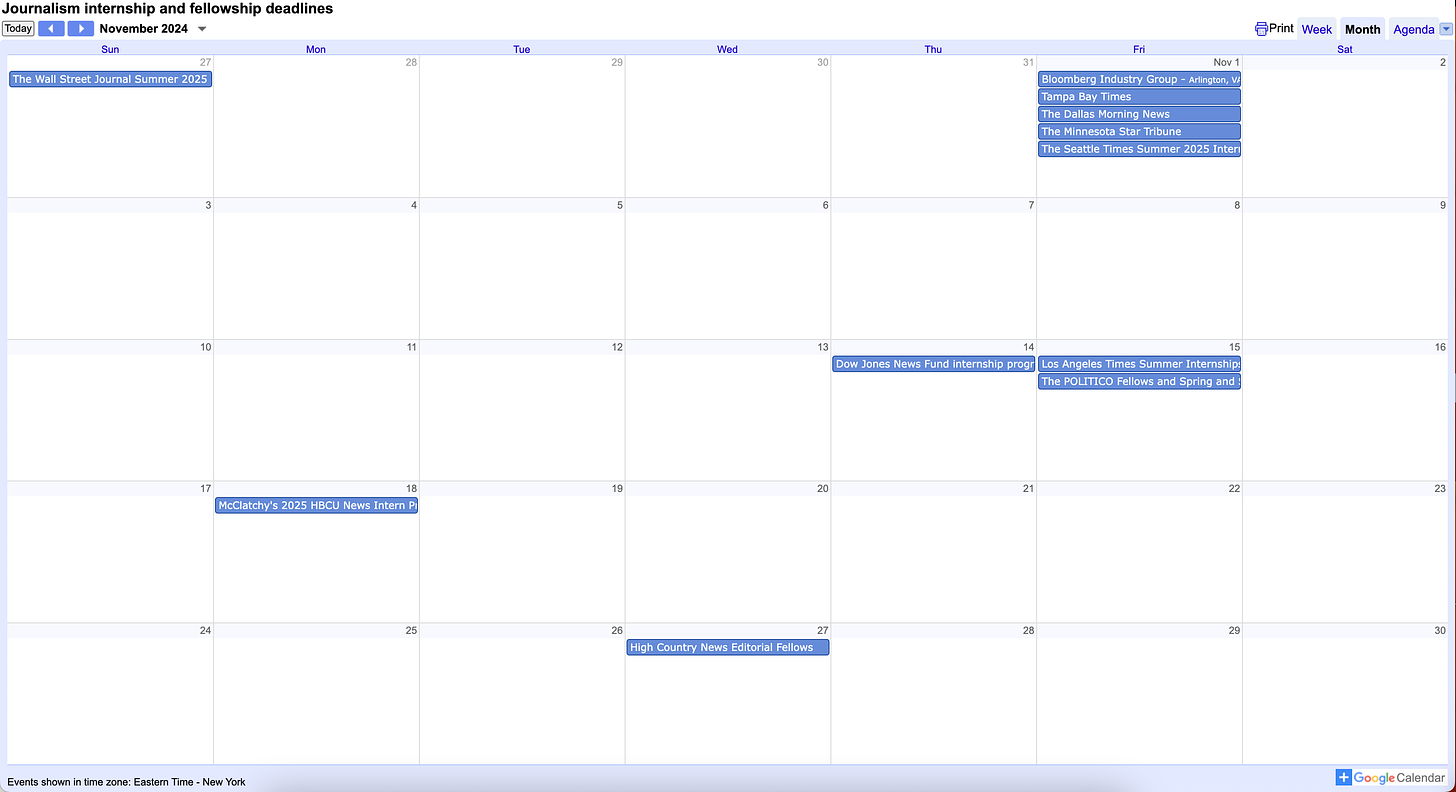 A screenshot of a journalism internship and fellowship calendar shows deadlines for The Wall Street Journal, Tampa Bay Times, The Dallas Morning News, The Minnesota Star Tribune, The Seattle Times and more. 