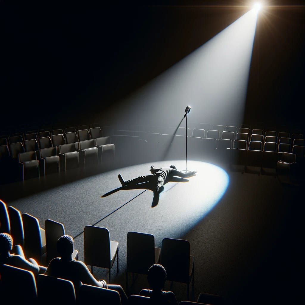A scene on a stage depicting an individual lying facedown, spread-eagled on the floor in front of a microphone. The person is spotlit with a bright beam of light, while everything outside of the spotlight is engulfed in darkness. There are no other visible elements or individuals in the scene, emphasizing the solitude and focus on the person in the spotlight. The scene conveys a sense of isolation and drama, with the spotlight creating a stark contrast against the dark background.