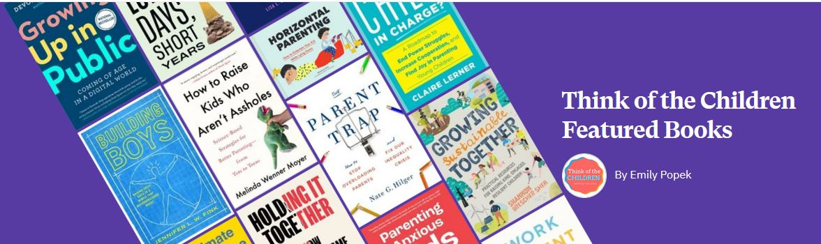 screenshot of Bookshop landing page showing the covers of Growing Up in Public, How to Raise Kids Who Aren't Assholes, The Parent Trap, Horizontal Parenting, Growing Sustainable Together, Building Boys, and snippets of other books against a purple background