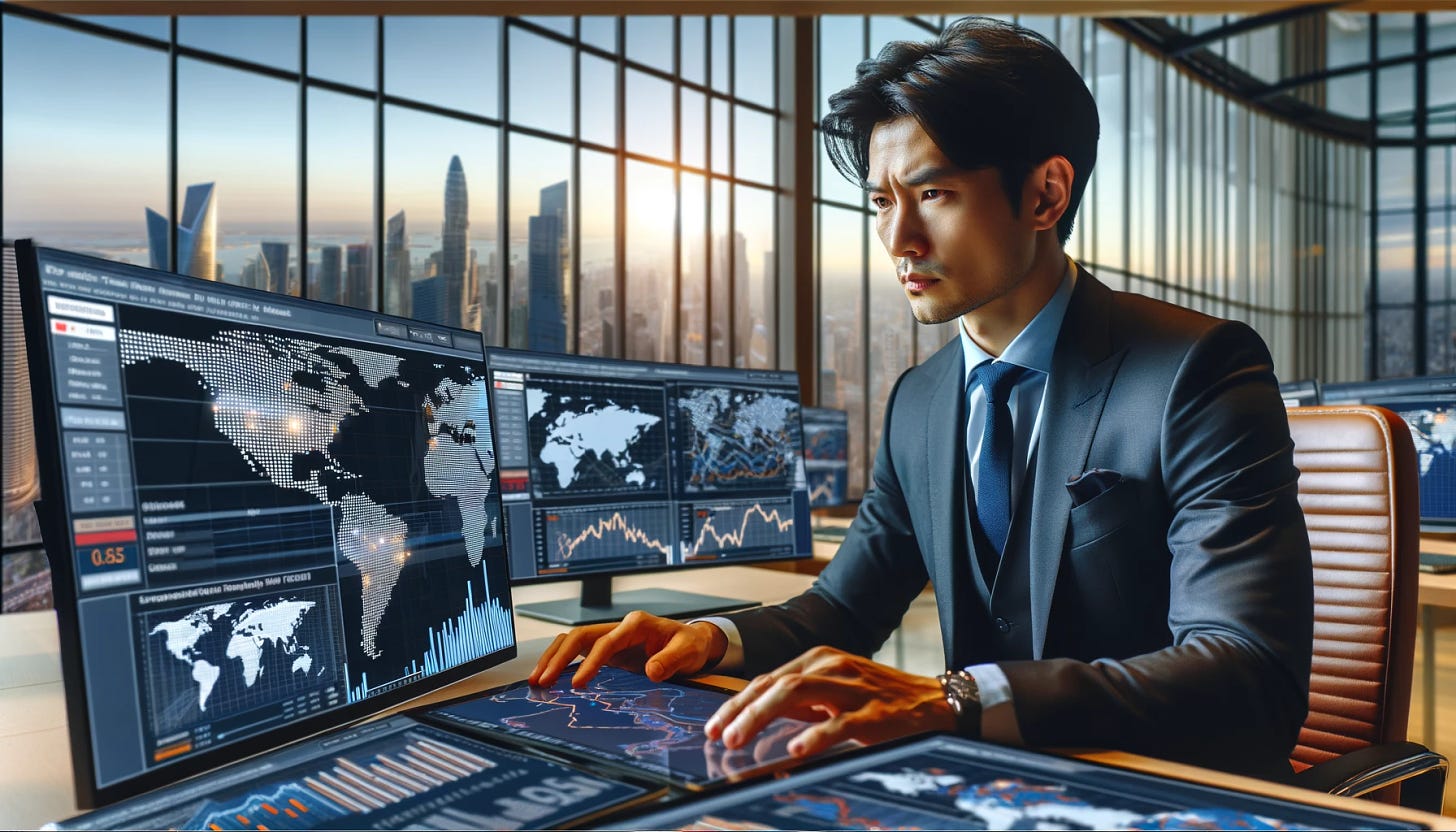 A real estate professional, an Asian male in his mid-30s, wearing a smart business suit, is intensely analyzing global real estate markets. He is surrounded by multiple screens displaying various global market trends and data. The environment is a modern, well-lit office space with a city skyline view in the background. The man is focused, with a serious expression, as he studies the screens, which show graphs, maps, and numerical data. There's a world map on one of the screens highlighting different real estate markets around the globe.