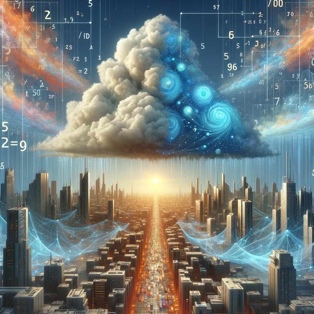 A digital painting showcasing a futuristic city with buildings and networks visually representing the concept of TCP/IP, where data packets are flowing through various channels and nodes. In the sky above the city, complex, cloud-like structures symbolize Monte Carlo algorithms, with streams of numbers and mathematical symbols flowing within them to represent the stochastic processes and randomness involved. The contrast between the structured city network and the ethereal, unpredictable clouds above creates a vivid metaphor for the interaction between the structured world of internet communication and the probabilistic nature of Monte Carlo methods. The color palette is a mix of cool blues and cyans for the TCP/IP infrastructure, with warmer oranges and yellows for the Monte Carlo clouds, highlighting the contrast between the two concepts.