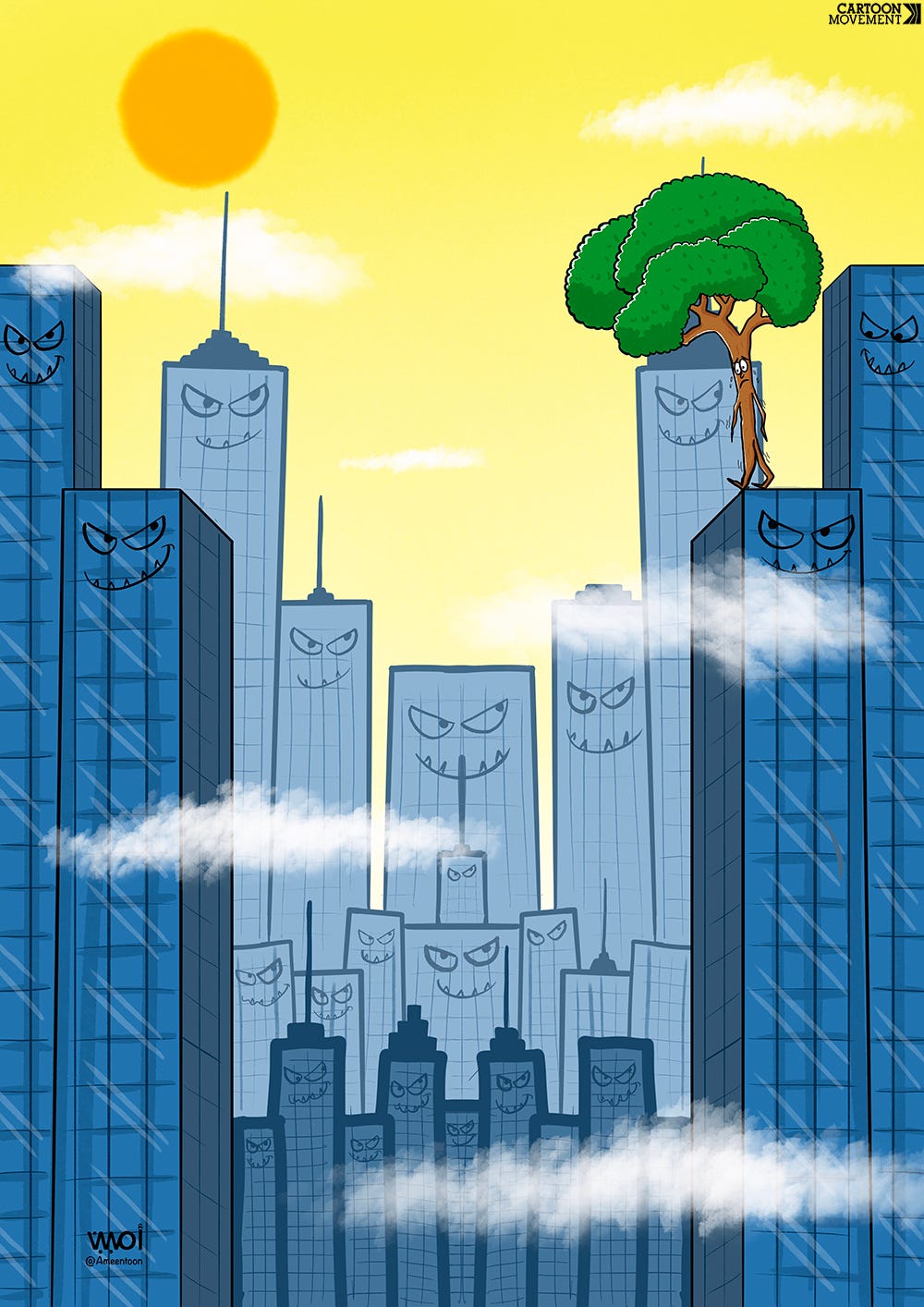 Cartoon showing a cityscape of concrete buildings with angry faces, under a blazing sun. A lone sad tree walks on one of the roofs, about to jump off.