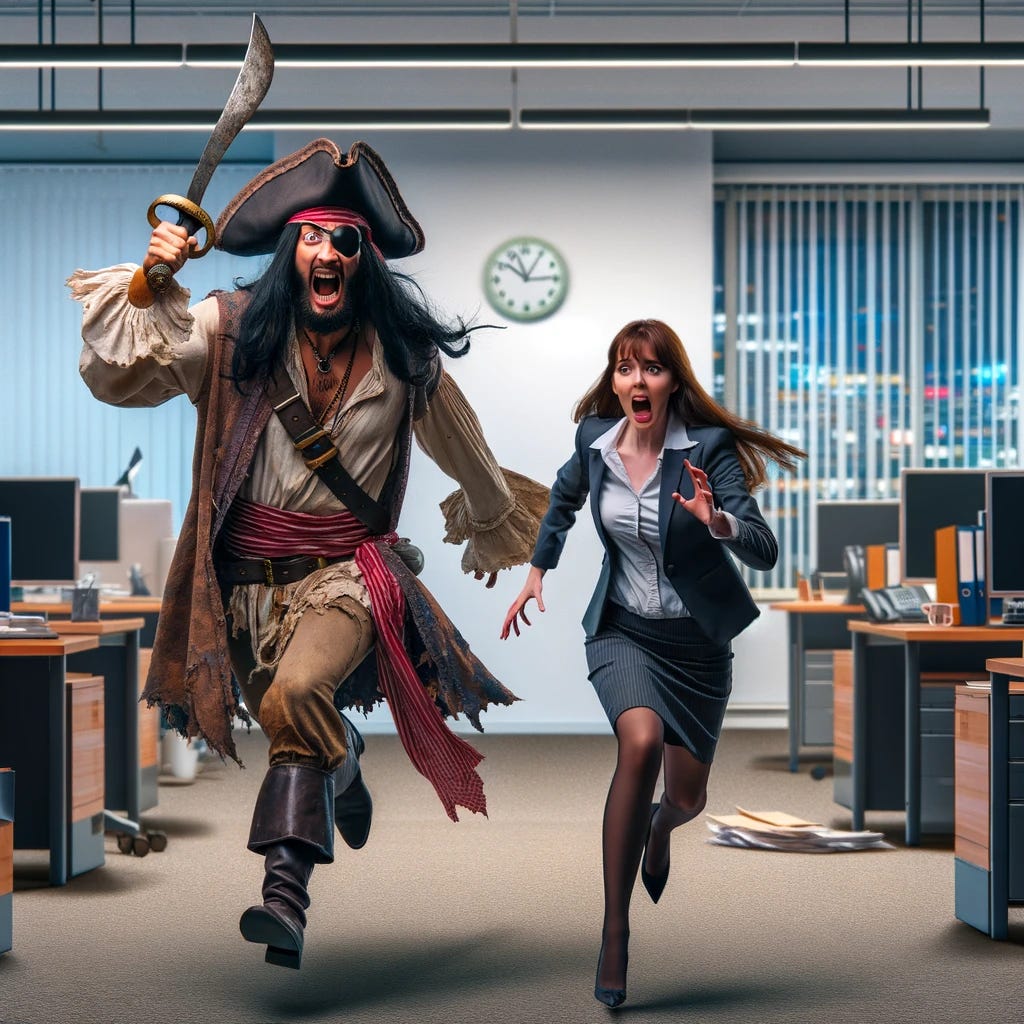 A pirate with a fierce expression, wearing a tattered shirt, eye patch, and tricorn hat, is chasing a human resources lady around a modern office. The pirate has a cutlass raised above his head. The office setting features desks, computers, and scattered office supplies. The human resources lady, dressed in professional attire, is running away with a terrified expression. The scene is chaotic, capturing the dramatic chase.