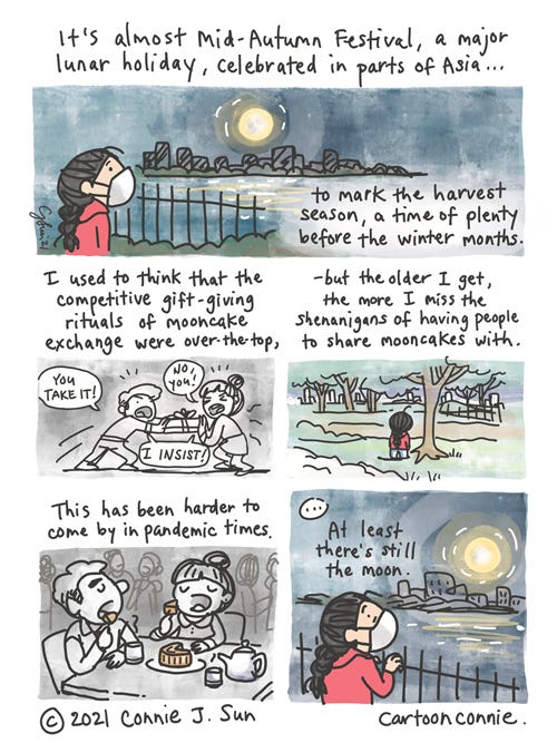 Mooncake Holiday Rituals 5-panel comic about Mid-Autumn Festival and mooncake rituals by Connie Sun, cartoonconnie