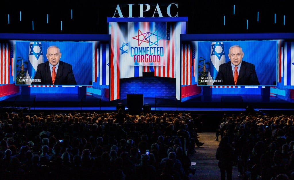 WASHINGTON, DC, UNITED STATES - 2019/03/26: Benjamin Netanyahu, Prime Minister of Israel seen speaking via video to the American Israel Public Affairs Committee (AIPAC) during the Policy Conference in Washington, DC. (Photo by Michael Brochstein/SOPA Images/LightRocket via Getty Images)