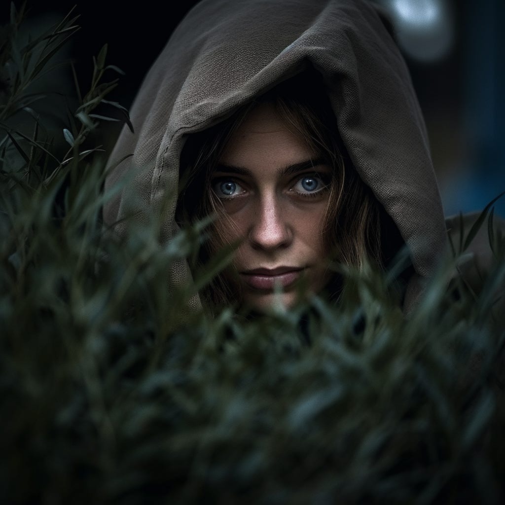 Create a personal and intimate portrait of a young woman hiding in a hiding place in a game like tag or hide and seek. Use a Sony α7 III camera with a 85mm lens at F 1.2 aperture setting to blur the background and isolate the subject. The hiding place should be dark and familiar, but slightly scary and isolating. Use dreamlike lighting with soft darkness falling on the subject’s face and hair. The image should be shot in high resolution and in a 9:16 aspect ratio. Use the latest Midjourney model with photorealism mode turned on to create an ultra-realistic image that captures the subject’s natural fear, but also the potential and personality.