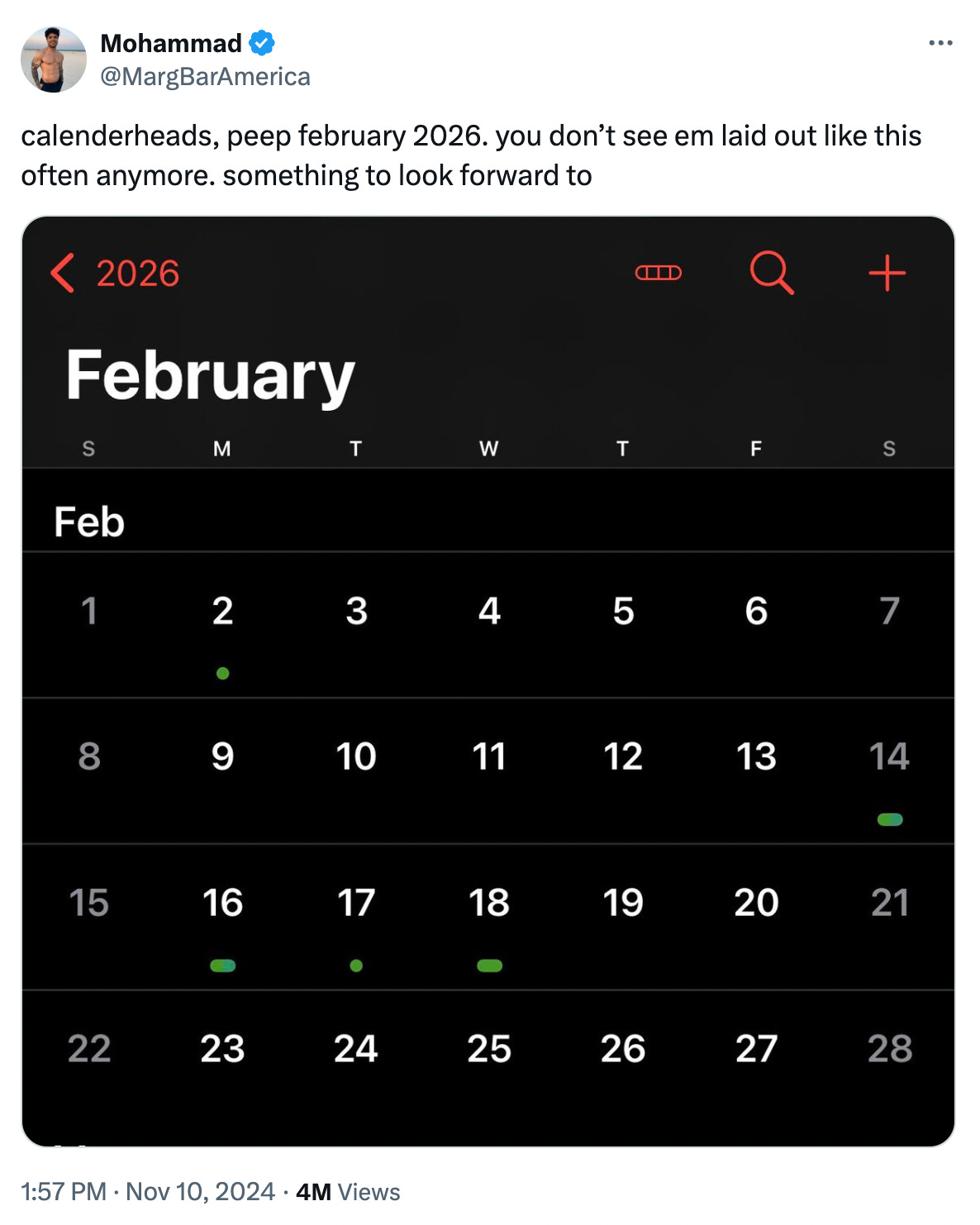 Tweet reading "calenderheads, peep february 2026. you don’t see em laid out like this often anymore. something to look forward to" with a screenshot of February 2026, where each of the 4 weeks perfectly starts and ends from Sunday to Saturday 