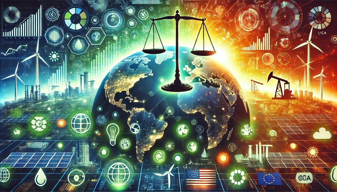 A visually striking, professional cover image for a blog post about energy transition and climate diplomacy, with no text. The image features a global map overlaid with glowing icons representing renewable energy sources like wind turbines and solar panels, juxtaposed with symbols of fossil fuels such as oil rigs and coal plants. A central balance scale symbolizes the tension between climate agreements and political interests. Key nations (USA, China, EU) are subtly highlighted without text. The background features a vibrant sunrise effect, symbolizing hope and the dawn of a green energy era. The design uses a green and blue color palette with orange and red accents for urgency, maintaining a detailed and polished style similar to the first image but without any text.