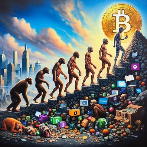 oil painting of a modern scene showing the evolution of greed and ignorance using cryptocurrency and technology 