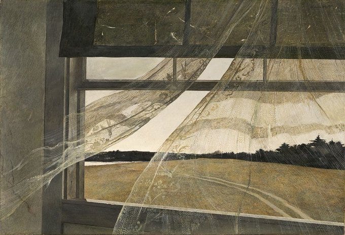 A painting depicting an open window looking out onto a gentle rural landscape. Lace curtains are blowing in the wind.