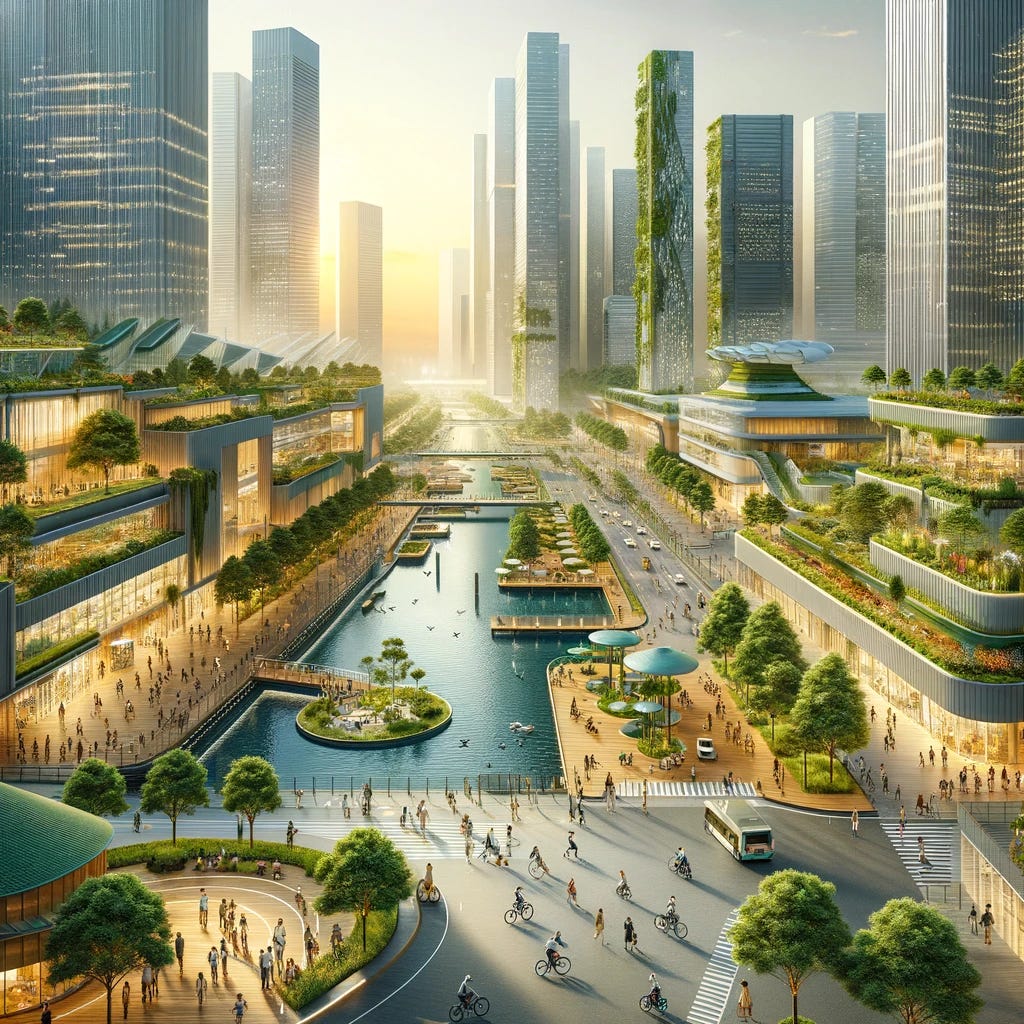 The third image captures an urban setting transformed by principles of Life Centered Design, showcasing a cityscape where nature and technology coexist harmoniously. Skyscrapers have green roofs and vertical gardens, public spaces are abundant with trees and water features, and renewable energy sources like solar panels and wind turbines are integrated into the architecture. People are seen enjoying the outdoors, cycling, and walking in pedestrian-friendly zones, emphasizing a lifestyle that prioritizes health, sustainability, and connectivity with the environment.