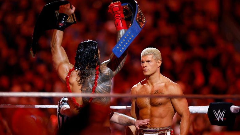Roman Reigns staring down Cody Rhodes
