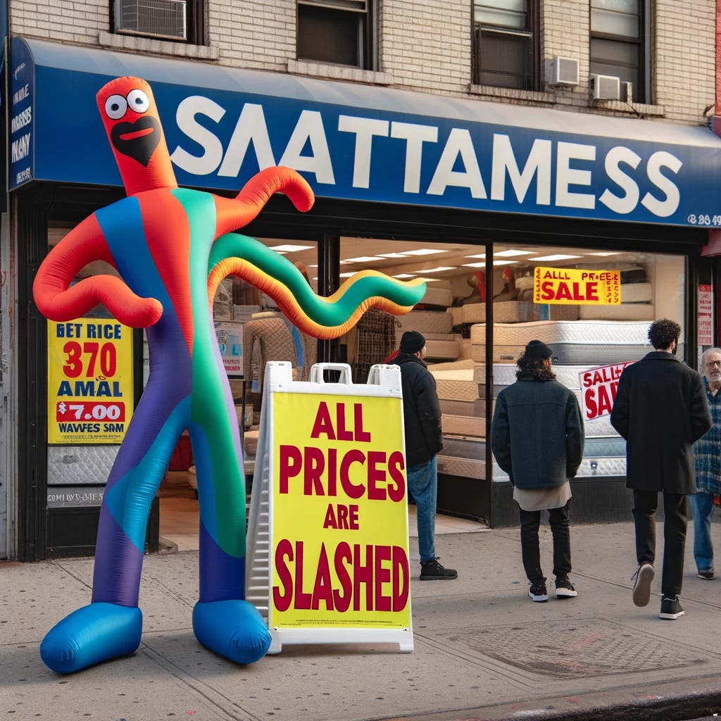 A comical scene in front of a mattress company store during a sale. The setting is a busy street, with the store front clearly visible in the background. In front of the store, there is a large, colorful inflatable wavy arm man, known for its erratic and amusing movements, drawing attention to the sale. Next to the inflatable man, there is a big, bold sign that reads 'All Prices are Slashed' in vibrant, eye-catching colors. The atmosphere is lively and humorous, with customers looking intrigued and amused by the spectacle.