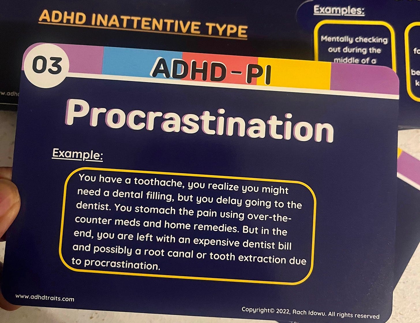 A flash card titled procrastination with the example written below: You have a toothache, you realize you might need a dental filling, but you delay going to the dentist. You stomach the pain using over-the-counter meds and home remedies. But in the end, you are left with an expensive dentist bill and possibly a root canal or tooth extraction due to procrastination.