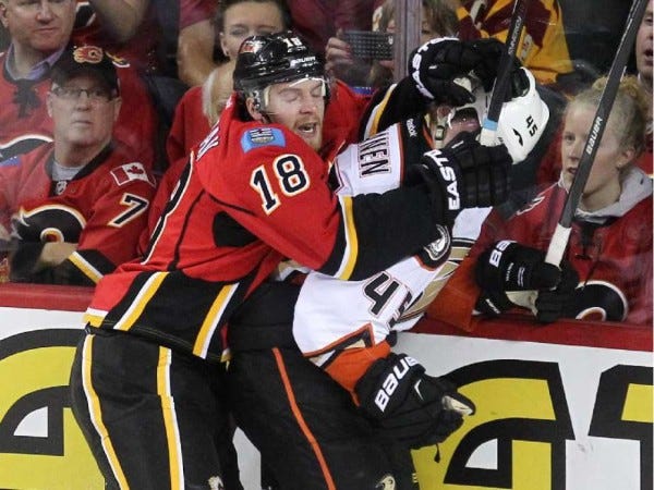 matt stajan calgary goes after ducks man bulge stanley cup playoffs 2015