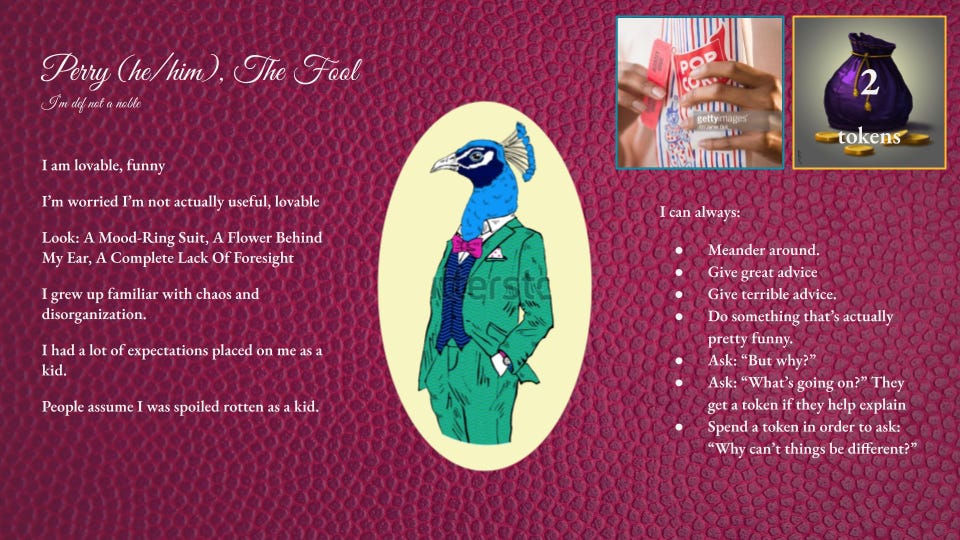 A magenta leather-adjacent texture fills this slide. In the center is a drawing of a peacock wearing a green suit and pink bowtie. On the left is a character description of Perry (he/him) the Peacock. On the right is a picture of a bag of popcorn plus some carnival tickets, a second picture of a bag of gold coins, and a list of the things Perry can always do according to Wanderhome's rules.