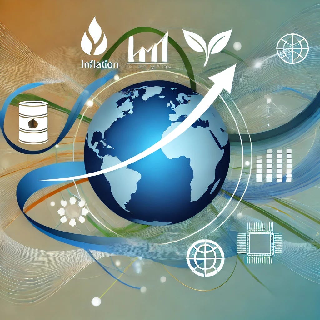 A professional illustration representing the global economic currents and key trends shaping the world economy. The image features a globe surrounded by flowing lines and waves symbolizing different economic trends like inflation, energy prices, technological innovation, and climate change. Each trend is represented by subtle icons: a rising arrow for inflation, an oil barrel for energy prices, a leaf for climate change, and a circuit board for technology. The design uses a mix of calming blues, greens, and warm tones to create a sense of interconnectedness and balance. The style should be informative and dynamic.