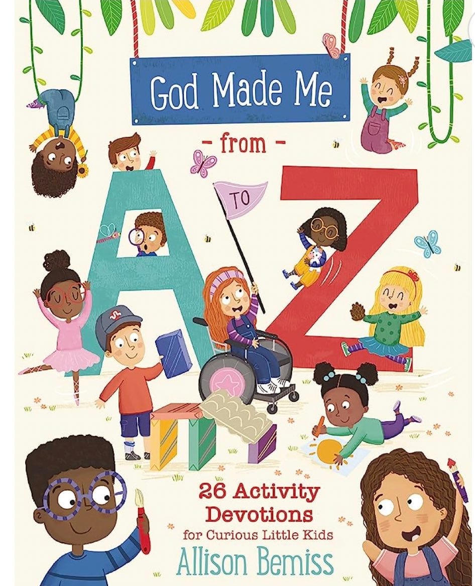 God Made Me from A to Z book cover depicting children playing in a variety of ways, including jumping, swinging, and building with blocks. The children are of different racial backgrounds and abilities.