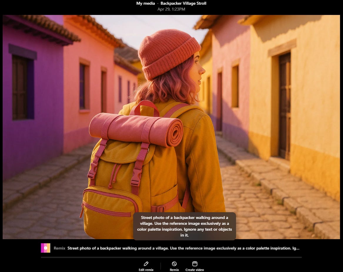 Street photo of a backpacker walking around a village.  Use the reference image exclusively as a color palette inspiration. Ignore any text or objects in it. 