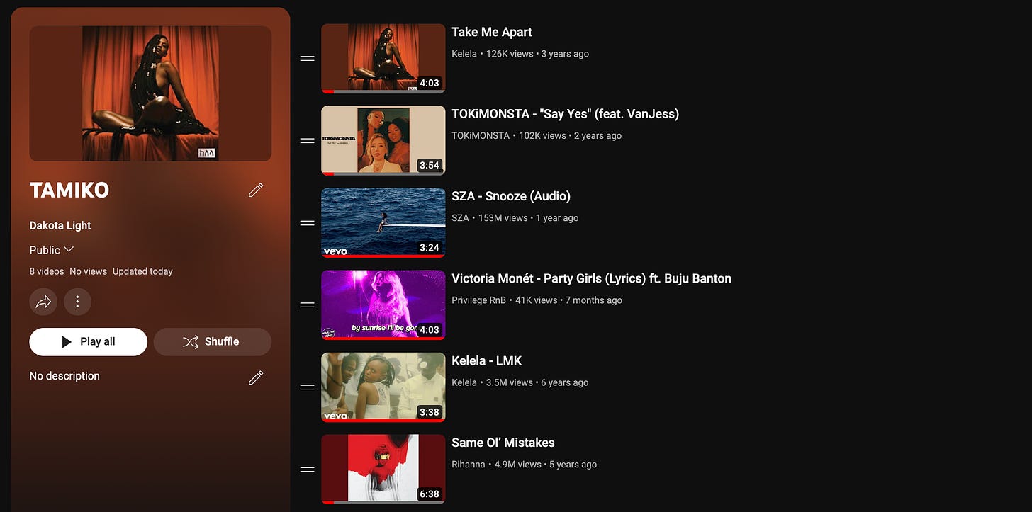 Screenshot of TAMIKO playlist on YouTube, featuring songs and music videos such as Take Me Apart by Kelela and Snooze by SZA.