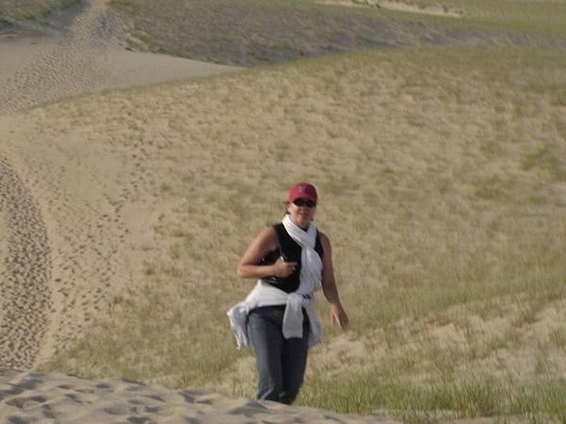 Climbing the Cape Cod dunes while geocaching by Mary Tase, 2008