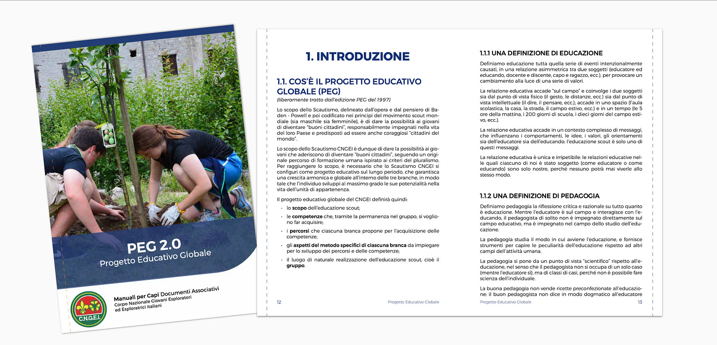 Pagina interna del Progetto Educativo Globale contente la definizione di educazione sotto riportata
