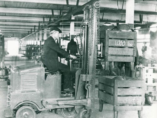A Clark Duat forklift, the first internal combustion forklift