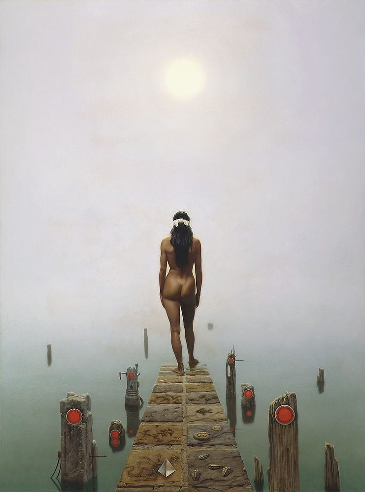 View from behind as a nude female with deep bronze skin stands at the edge of a causeway that gradually slopes into gray green water. With a white blindfold knotted over straight black hair, she can't see the path ahead but she can surely feel foggy atmosphere on her bare skin and the water on her foot as she takes a tentative step forward into the unknown. With each step, the rough stone path is textured with fossil record (trilobites, ammonites, plants, fish, etc). A glass triangular pyramid rests on the stone in the immediate foreground. Pylons set with red bicycle reflectors jut out of the water beside the causeway. The material of the posts changes from rough wood to carved stone to formed metal as the causeway descends symbolizing the progression of technology running alongside evolution in the fossil record.